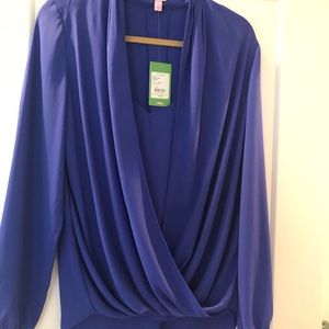 Royal purple Lilly Pulitzer blouse, draped detail.